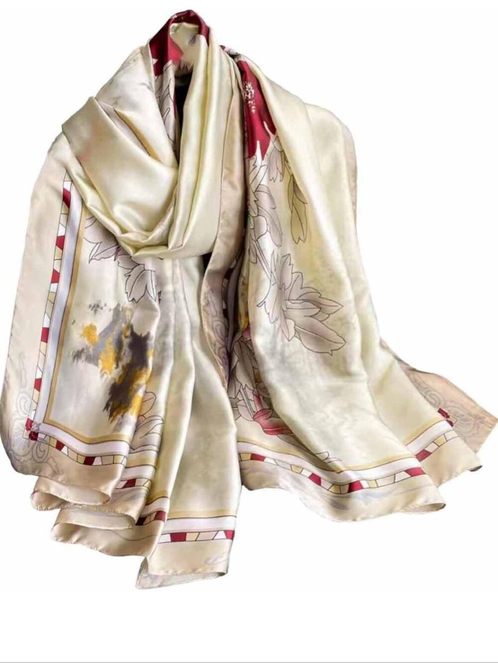 Silky Cream Floral Border Scarf - Neutral Accent